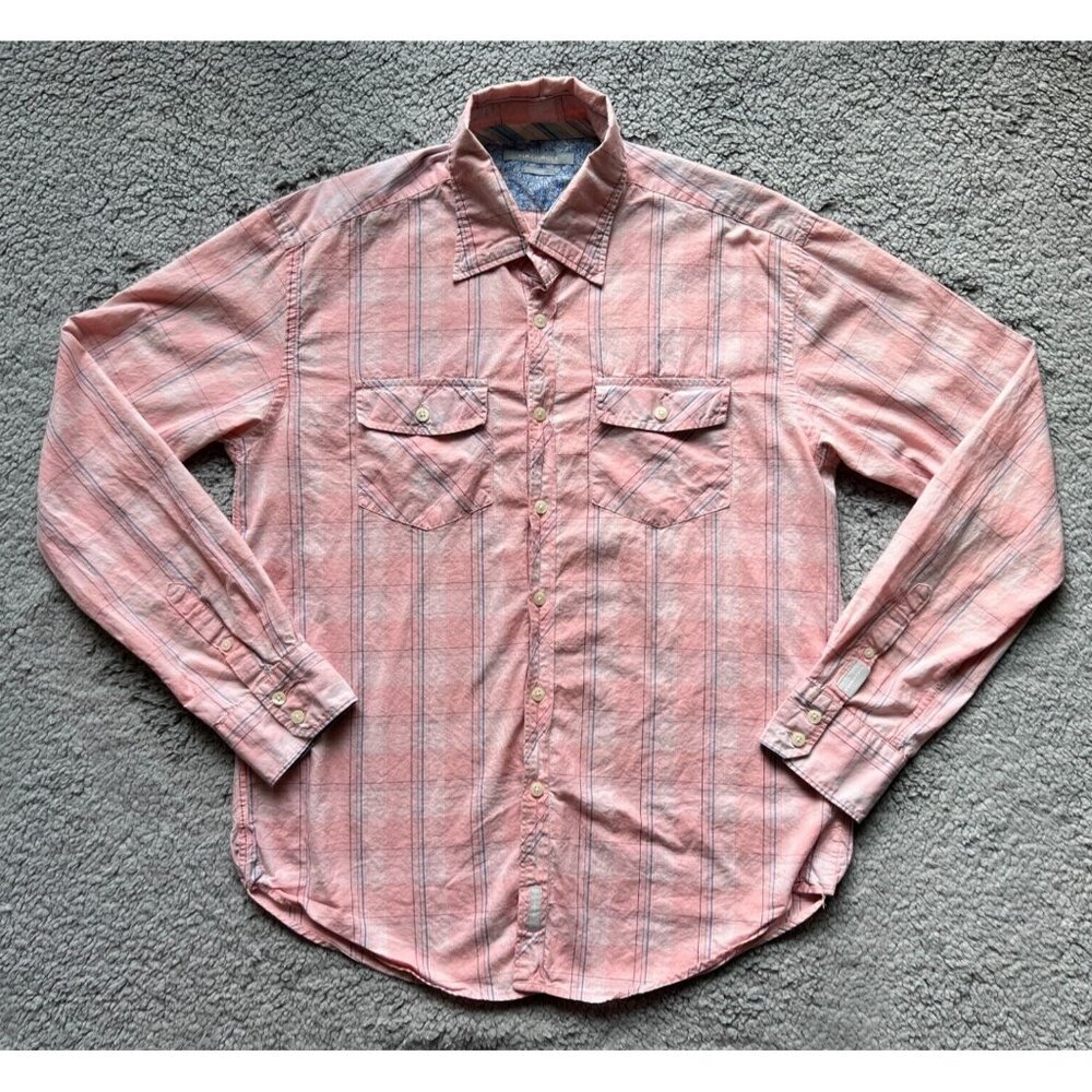 Light Salmon Pink Long Sleeve Men's L Button Down Shirt w/Blue Floral Flip Cuffs